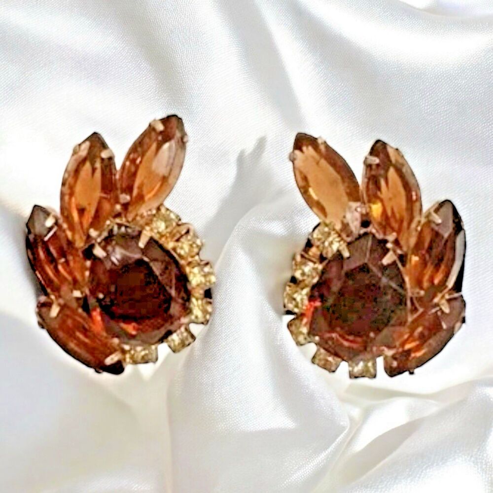 Vintage Clip-On Earrings – Large Amber & Clear Rhinestones, Goldtone, 1.5"